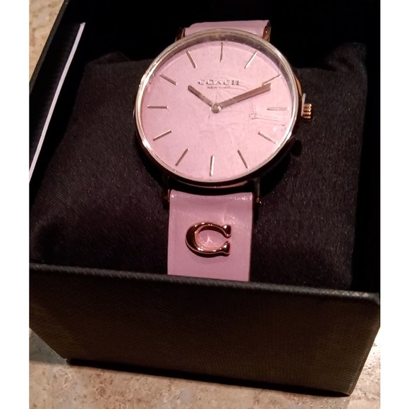 COACH PURPLE LEATHER STRAP WATCH 36MM "PERRY" ROSE GOLD PLATED STEEL - Picture 7 of 10